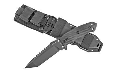 Hogue EX-F01 Fixed Blade Knife, 5.5" Tanto Blade with Rear Saw Teeth, A2 Tool Steel, Black Cerakote, Black G10 Handle, Retention Sheath 35129
