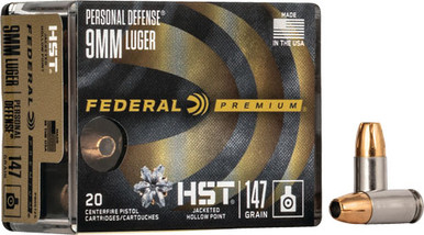 eral P9HST2S Premium Personal Defense HST Jacketed Hollow Point 147 Grain 9mm Luger/Parabellum 1000 Fps Ammo