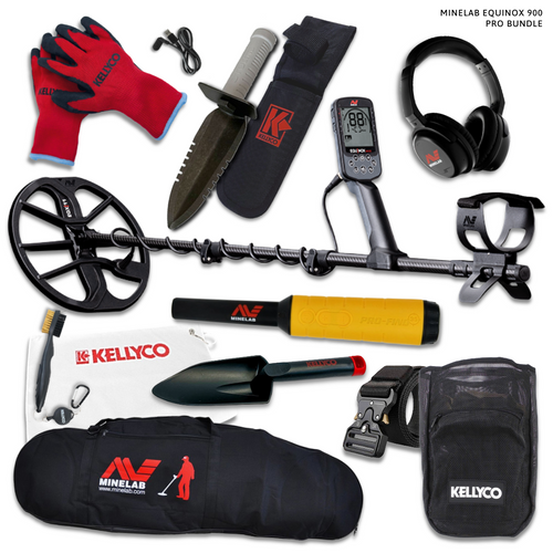 Minelab Equinox 900 Metal Detector Pro Bundle on White Background [Pro-Find 35 Pinpointer, Red Gloves, StuLine Hand Digger & Sheath, ML Large Carry Bag, etc]