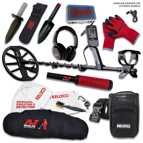 Minelab Equinox 900 Metal Detector Ultimate Bundle on White Background [Pro-Find 40 Pinpointer, Red Gloves, StuLine Hand Digger & Sheath, ML Large Carry Bag, etc]