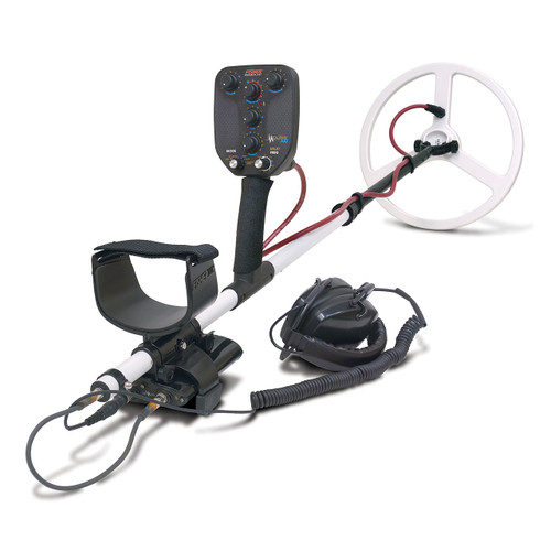 Fisher Impulse-AQ Limited Pulse Induction Waterproof Metal Detector Angle away with headphones