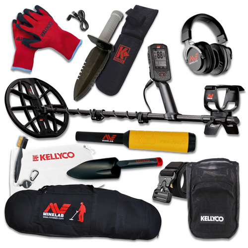 Minelab Manticore metal detector pro bundle with Pro-Find 35, headphones, digger, carry bag, and accessories