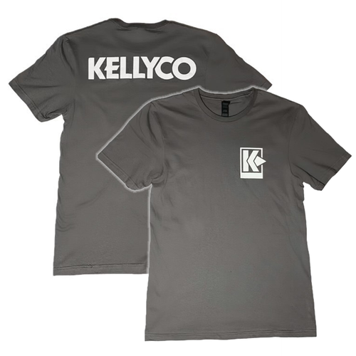 Front and back of the charcoal T-shirt with Kellyco logo 
