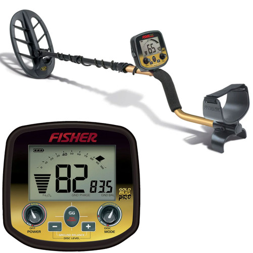 Fisher Goldbug Pro Metal Detector with 11" Coil (GOLDBUG-DP) and closeup of control box Fisher Goldbug Pro Metal Detector with 11" Coil (GOLDBUG-DP) and closeup of control box