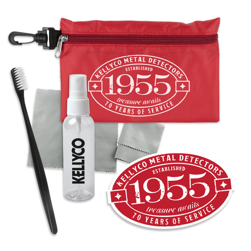 Kellyco Finds Care Bundle includes brush, spray bottle, sticker, carrying pouch, and cleaning cloth