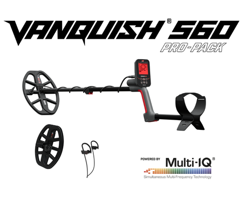 Vanquish 560 Pro-Pack fully assmebled with additional coil, bluetooth earbuds, charging cord on white background with logo and Milti-IQ logo