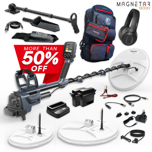 Nokta Magnetar 9000. What all comes in the box.  Magnetar 9000 control unit, search coils 14.5" x 13" and 11" x 8", detectobag  backpack,  bluetooth headphones, two lithium batteries, wall charger, batttery clamp charging cable, bungee and hipstick, nokta standard digger, headphone adapter, charging and data cable.