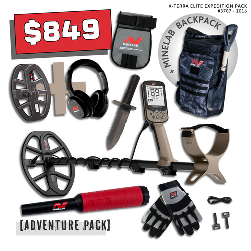Minelab X-Terra Elite Expedition Pack Adventure Pack #3 bundle with backpack, Pro-Find 40, digging tool, finds pouch, and gloves — $849