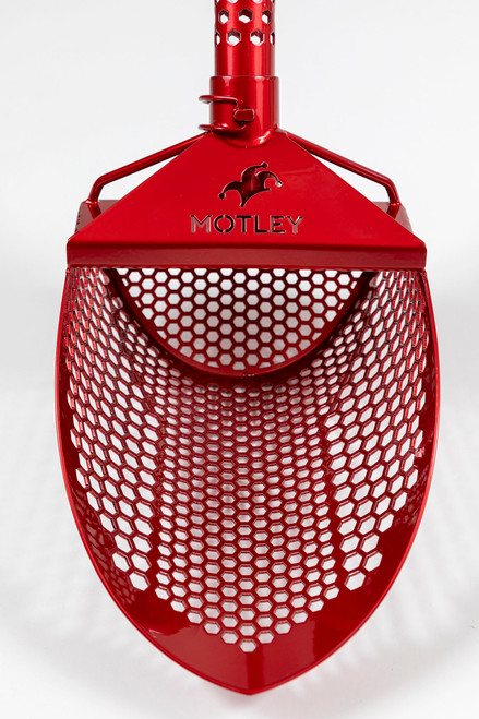 Front view of the Motley Digging Tools Beach Scoop Without Handle-- Red