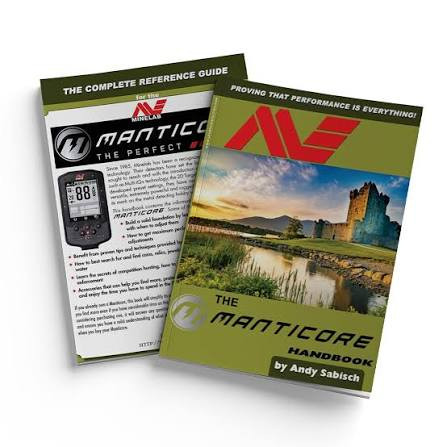 The cover and page of the Minelab Manticore Metal Detector Handbook, by Andy Sabisch