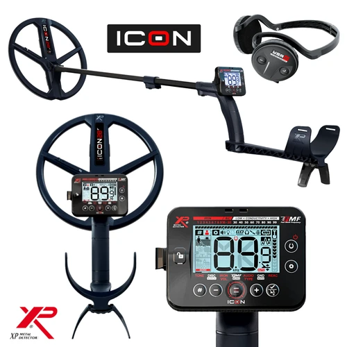 Components of the XP ICON metal detector kit, including the wireless control screen and 11-inch FMF search coil, and behind-the-neck headphones displayed on a white background.