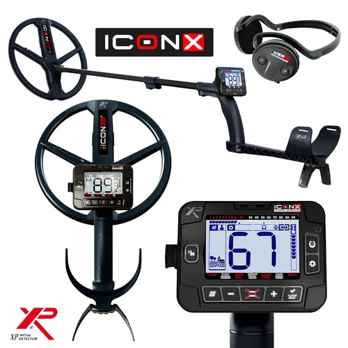 XP ICON-X Metal Detector (11" FMF Coil): A collage image showing the components of an XP ICON-X metal detector kit, including the wireless control screen, an 11-inch search coil, and behind-the-neck headphones on a white background