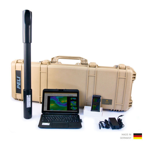 OKM Fusion Light Scanner with Laptop and Smartphone in Front of Tan Pelican Case