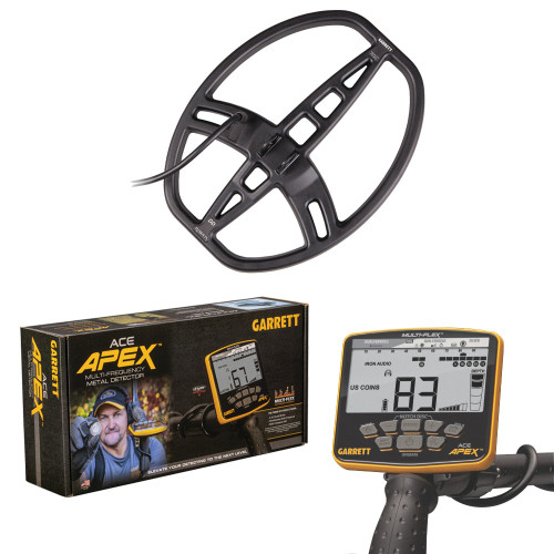 Garrett Ace Apex Metal Detector with Raider Coil and Box on White Background