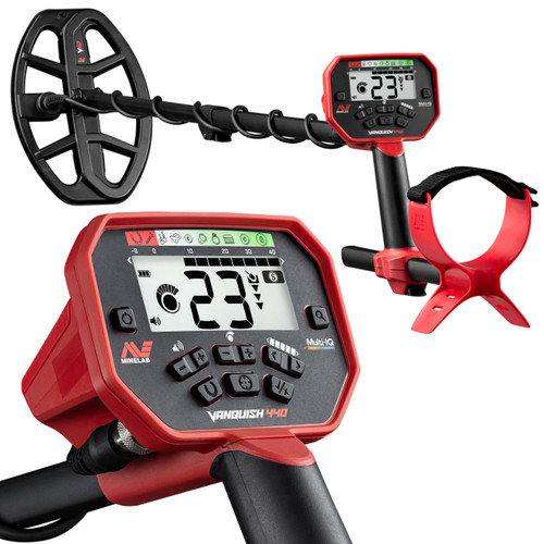 Minelab Vanquish 440 Metal Detector fully assembled with close up of control panel with target ID of 23