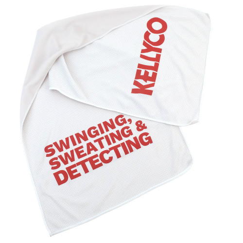 Kellyco Cooling Towel for Metal Detecting with Red Text on Off-White Cloth on White Background