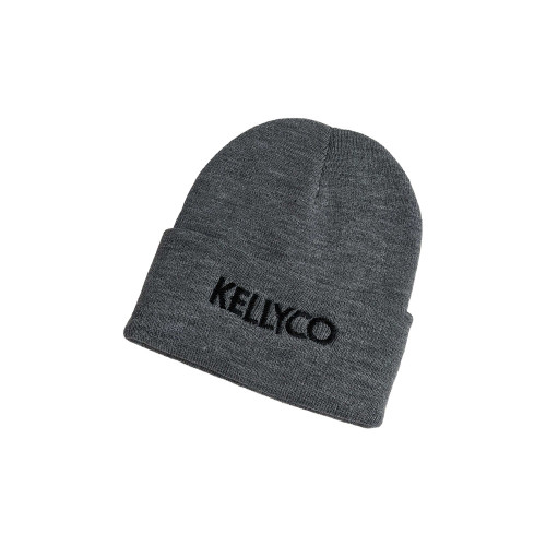 Kellyco Heather Gray Beanie with Black Kellyco Embroidered Letters Across Bottom Flap on White Background