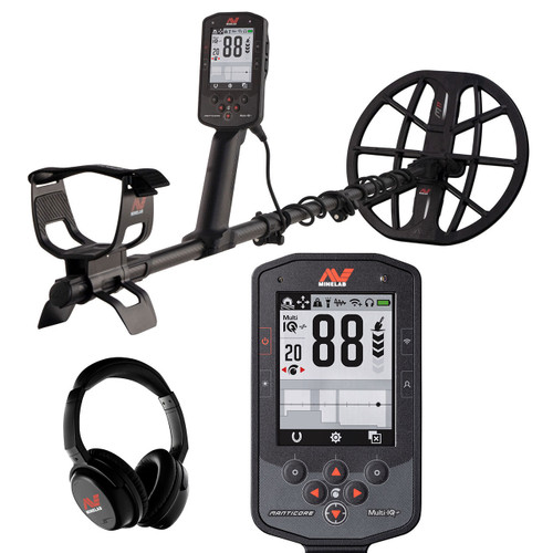Minelab Manticore Metal Detector fully assembled with control screen with target ID of  88, and wireless headphones
