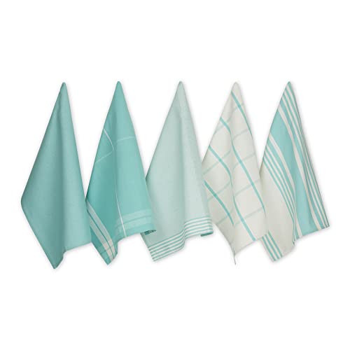 DII Assorted Woven Dishtowel Collection Classic Oversized, 20x28, Aqua, 5 Piece