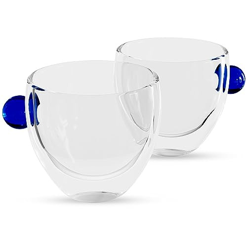 Elle Decor Double Wall Glass Coffee Mugs | Set of 2 | 9-Oz (Blue Handle)