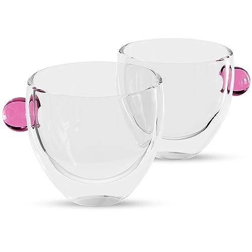 Elle Decor Double Wall Glass Coffee Mugs | Set of 2 | 8.5-Oz (Pink Handle)