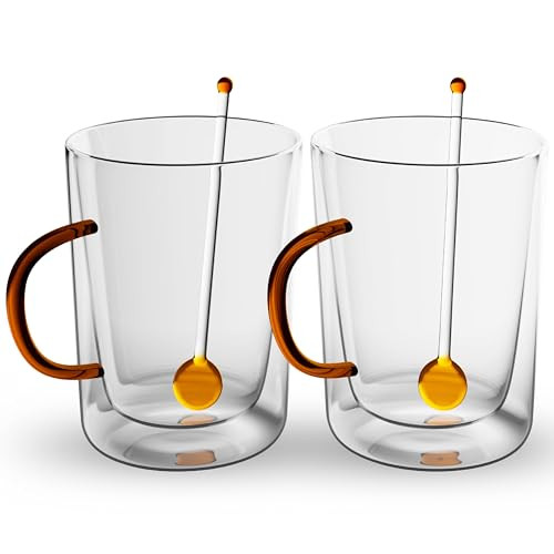 Elle Decor Double Wall Glass Coffee Mugs with Spoons | Set of 2 (Amber Handle)