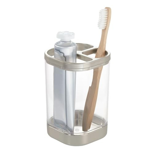 iDesign Plastic Toothbrush Holder Divided Clear & Brushed Nickel