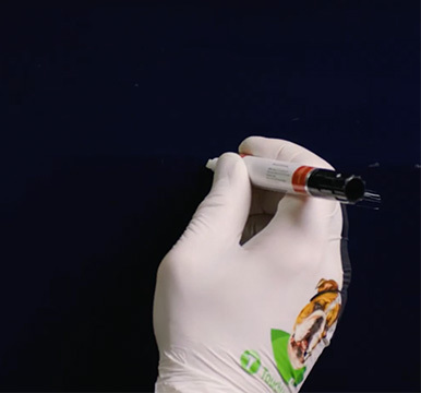 Gloved hand applying clearcoat with the brush tip of a combo applicator to a repaired vehicle panel.