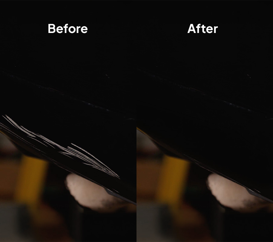 Before-and-after comparison of a large scratch repaired on a black vehicle panel.