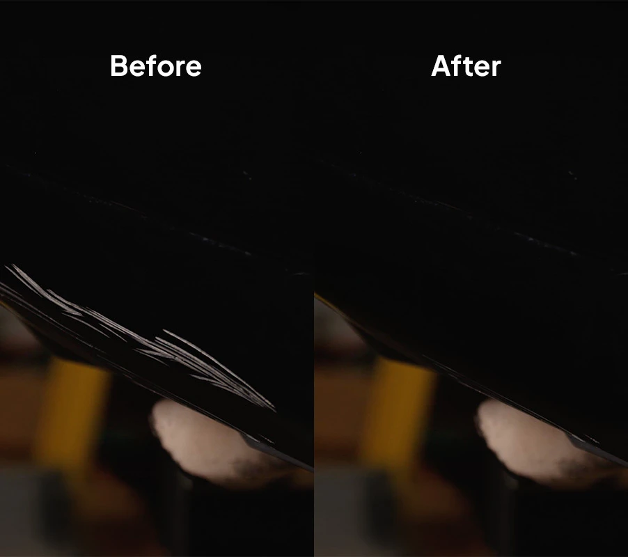 Before-and-after comparison of a large scratch repaired on a black vehicle panel.