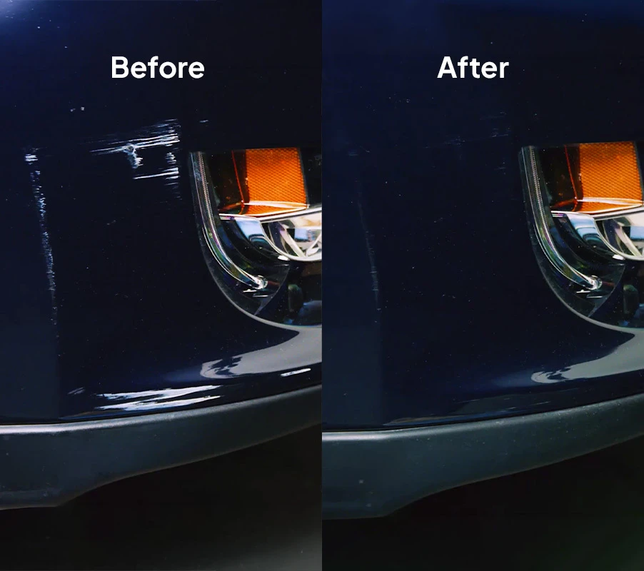 Before-and-after comparison of paint-transfer scratches removed from a dark blue vehicle bumper.
