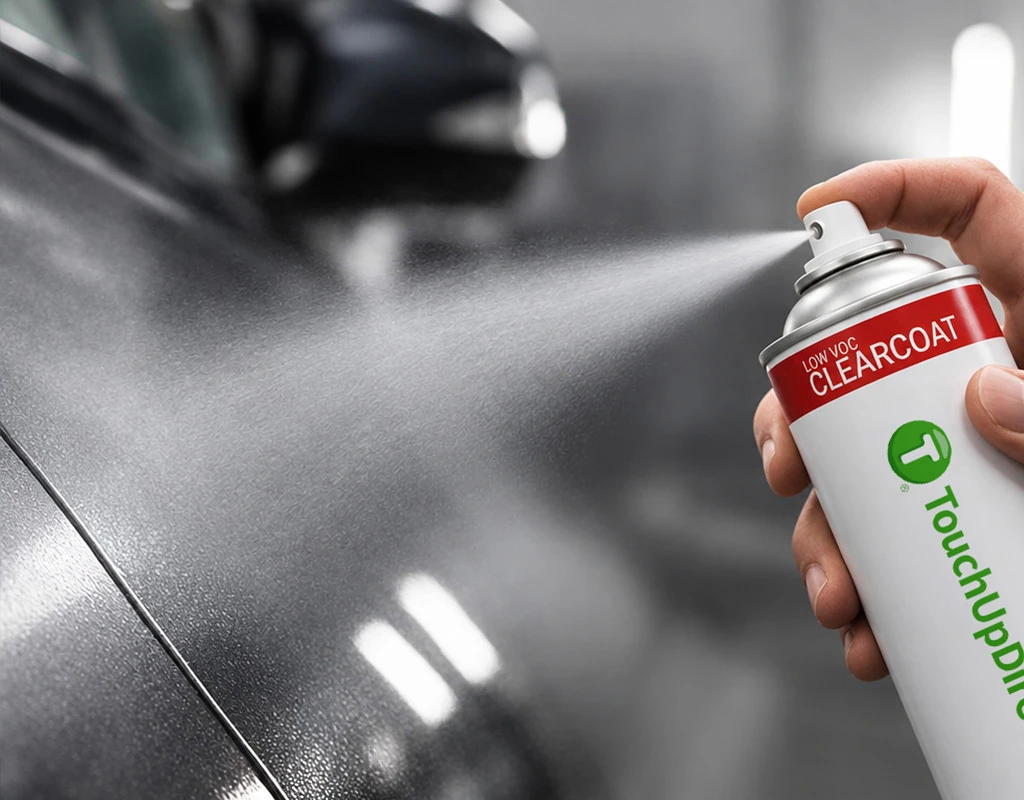 TouchUpDirect clearcoat aerosol and touch up applicators above a diagram of the clearcoat, colorcoat, primer and vehicle substrate layers.