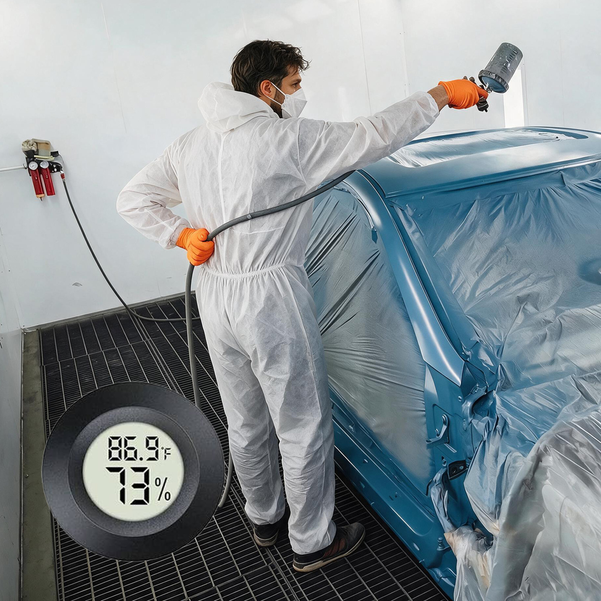Automotive panel being spray painted in a controlled work environment