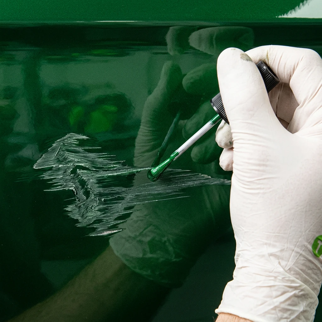 Touch up applicator being used on a scratch in a dark green vehicle panel