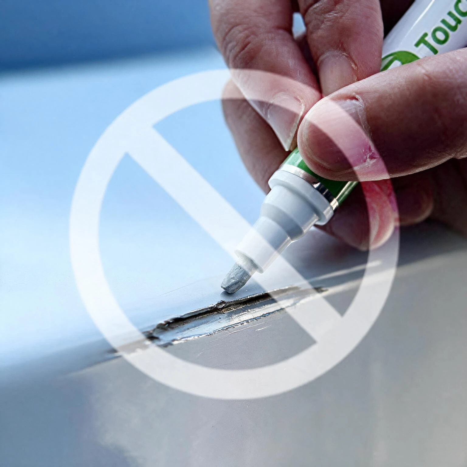Touch up pen being used on a large scratch with a symbol indicating the pen is not recommended