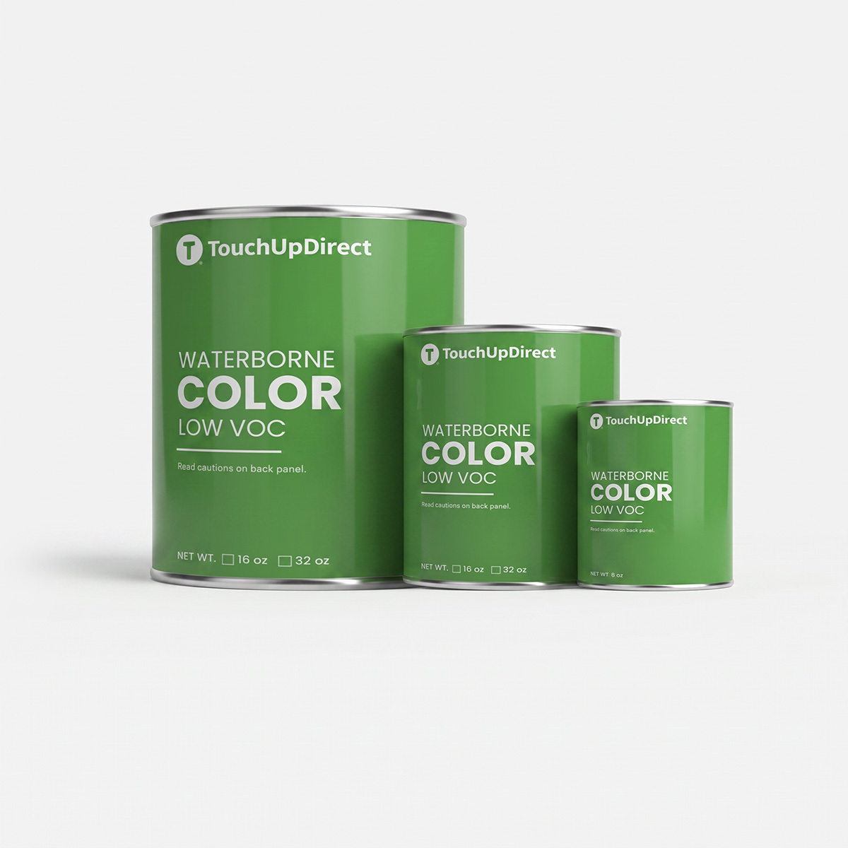TouchUpDirect professional waterborne colorcoat containers in half-pint, pint and quart sizes
