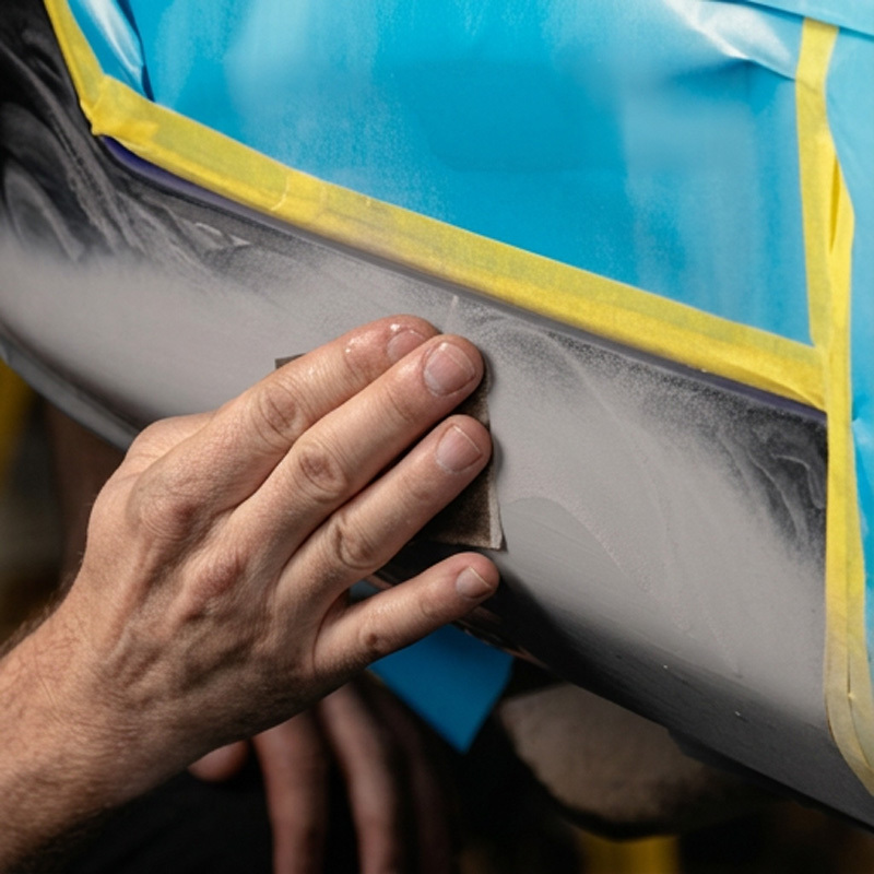 Hand wet sanding dried automotive primer on a masked vehicle panel.