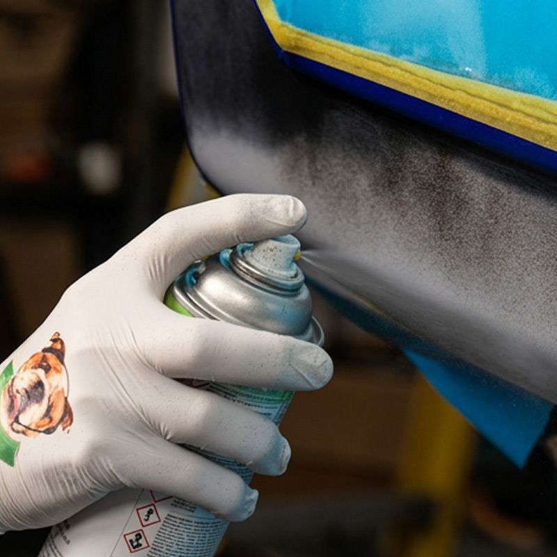 Gloved hand applying aerosol colorcoat in light coats to a masked vehicle repair area.