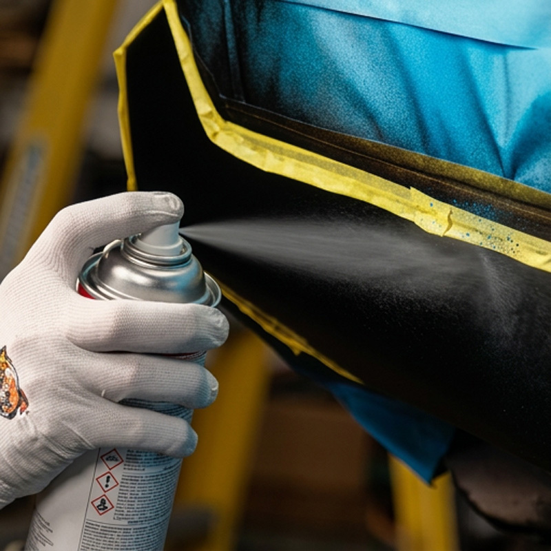Gloved hand spraying aerosol clearcoat over a masked and painted vehicle repair area.