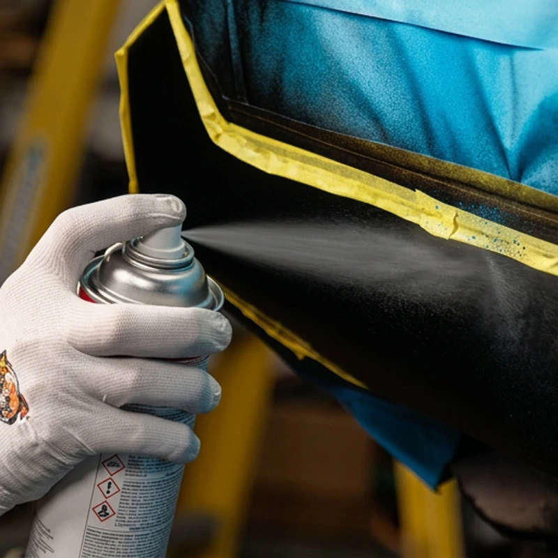 Gloved hand spraying aerosol clearcoat over a masked and painted vehicle repair area.