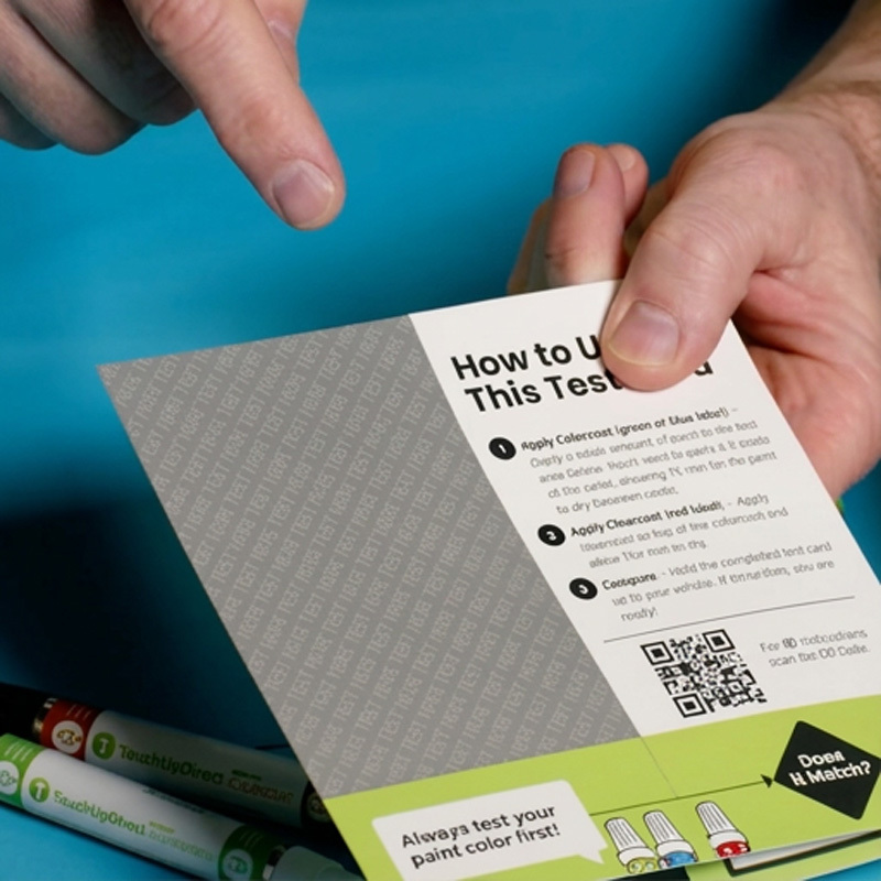 Hand holding a TouchUpDirect test card used to verify the automotive paint color before application.