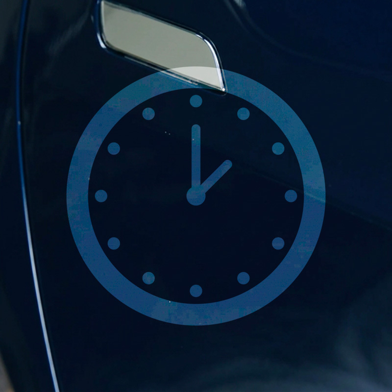 Clock graphic over a repaired dark blue vehicle panel representing the waiting period before polishing or waxing.