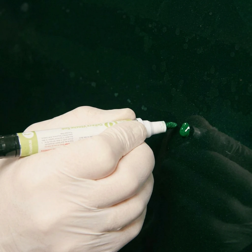 Gloved hand applying green touch up paint that does not match the vehicle panel.