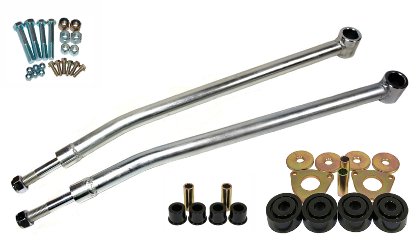 LRC5093 - Defender Heavy Duty Cranked Rear Radius Arms with Black Polyurethane Bushes and Fitting Kit - Fit Defender, Discovery 1 and Range Rover Classic - PLEASE NOTE - PICTURE SHOWS SILVER, THE ONES SUPPLIED WILL BE BLACK. Image 1