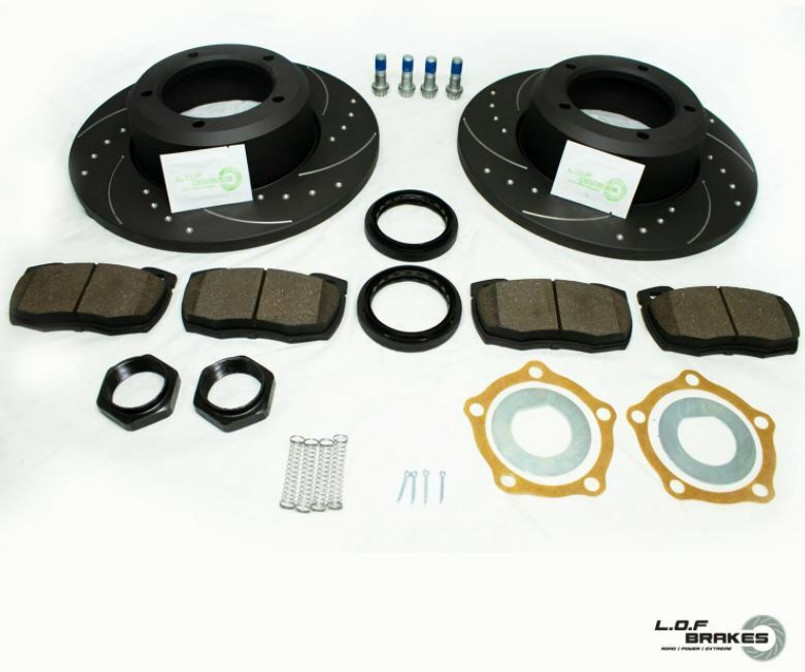 LRC2348 - LOF POWERspec Front Brake Kit for Land Rover Defender 90 / 110 / 130 - Solid Discs - Uprated High Effect Braking for Fast / Heavy Loaded Land Rovers Image 1