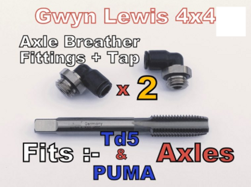 GL1136 - Gwyn Lewis Breather Kit - Pair of Land Rover Defender Axle Breathers TD5 and Puma & Discovery 2 Axles - Breather Fittings and M12 Tap Image 1