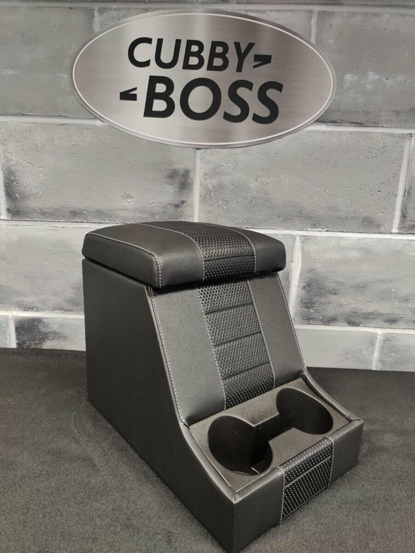 LRC2529 - Premium Black Cubby Box for Land Rover Defender - Basketweave Centre Section with White Stitch Image 1