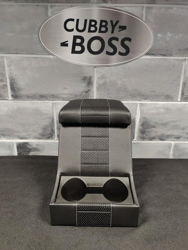 LRC2529 - Premium Black Cubby Box for Land Rover Defender - Basketweave Centre Section with White Stitch Image 2