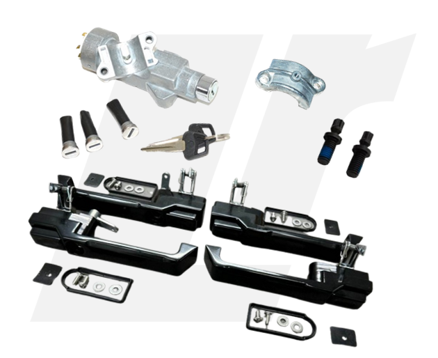 LRC11197 - Defender Front and Rear Aluminium Door Handle Kit - Black - Fits Defender Push Button Doors - Single Ignition Key for All Doors and Ignition Image 1