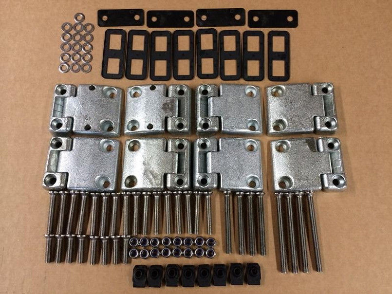 LRC1071 - Front and Rear Side Door Hinge Kit for Defender (up to 1999) with Stainless Steel Nut, Bolts and Plastic Shims Image 1